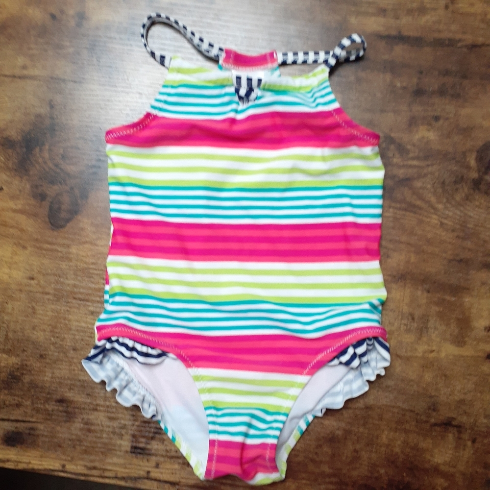 Kiko & Max Green Pink Blue Stripe Ruffle Swimsuit